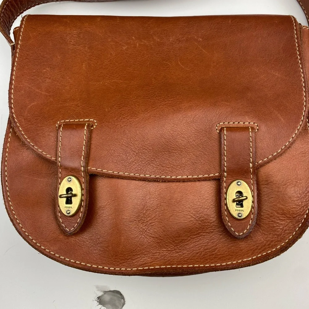 Fossil Bag Austin Large Flap Crossbody Shoulder Brown All Leather Messenger Bag